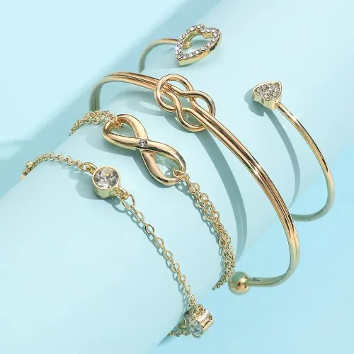 Vintage Golden Cuff Zircon Love Heart Bracelet Set (4 pcs)